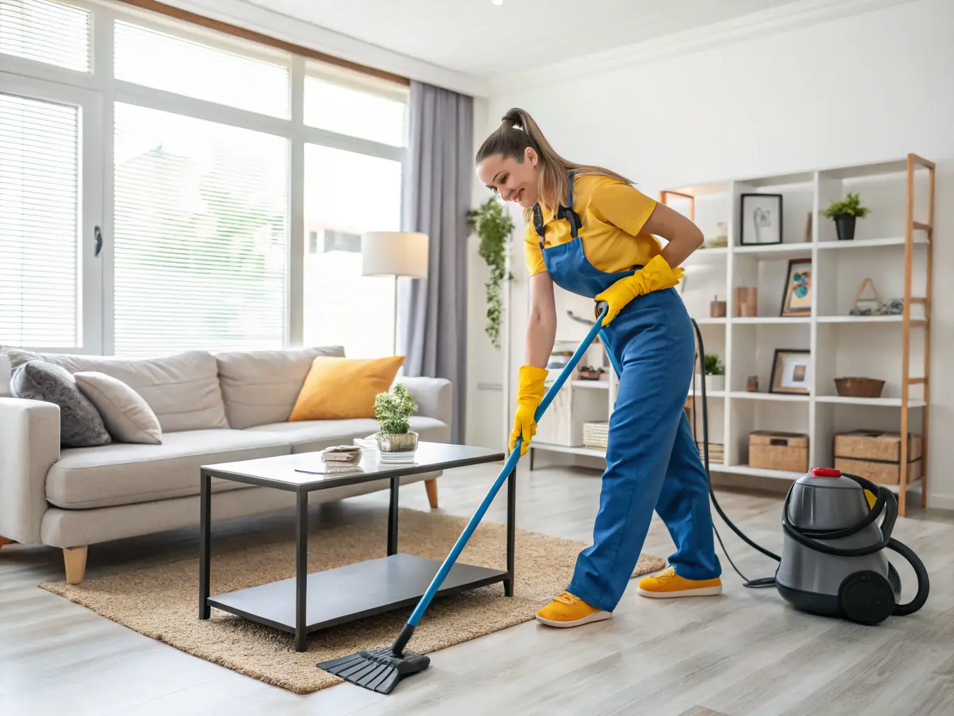 A Sigma Care cleaning team member in uniform, smiling and holding cleaning supplies in a modern, tidy living room, ready to start cleaning.