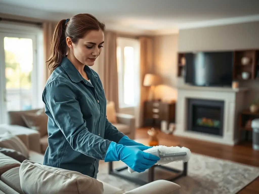A close-up shot of a Sigma Care cleaner carefully dusting a shelf in a care home, showcasing attention to detail and thoroughness.