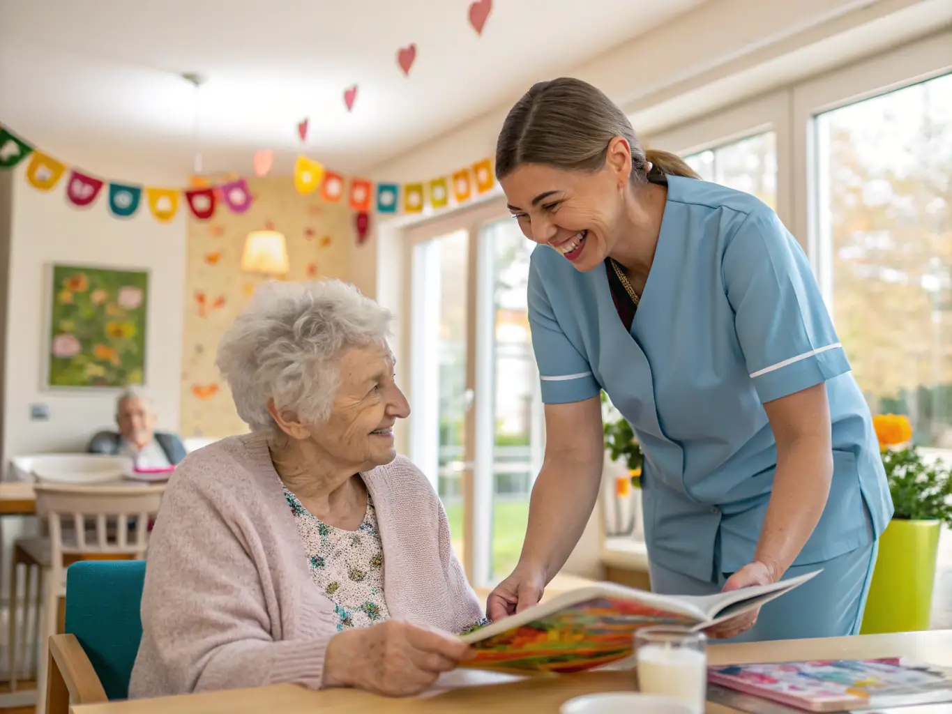 A Sigma Care cleaning team member interacting positively with a resident in a care home, emphasizing the friendly and caring approach of the service.