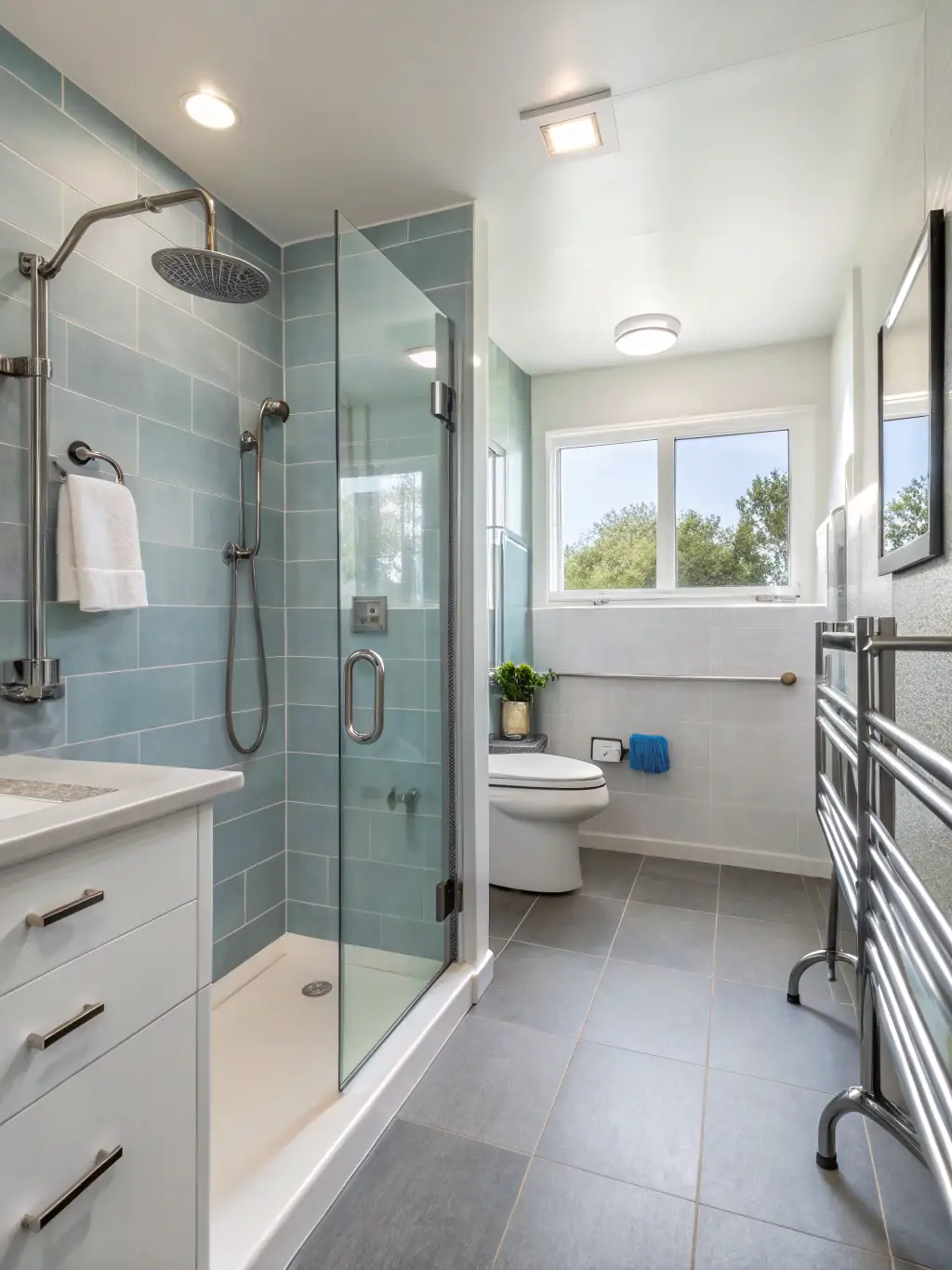 A pristine bathroom in a care home, showcasing accessible features, clean tiles, and sanitized surfaces. The image should convey safety and cleanliness.