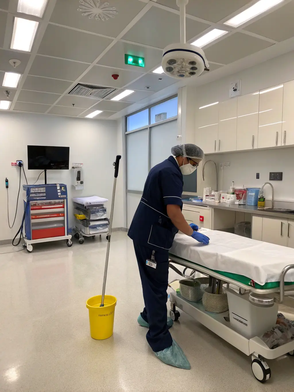 A clean and well-organized medical room in a care home, featuring sanitized equipment and a clutter-free workspace. The image should convey professionalism and hygiene.