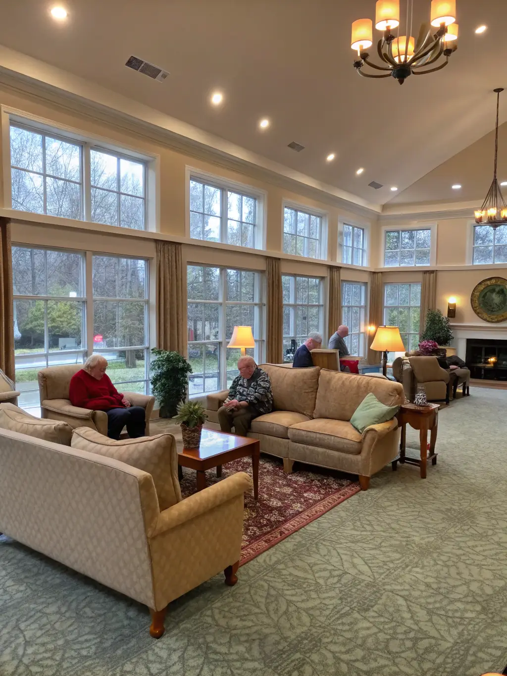 A well-maintained communal living area in a care home, with comfortable seating, clean floors, and a welcoming atmosphere. The image should emphasize comfort and cleanliness.